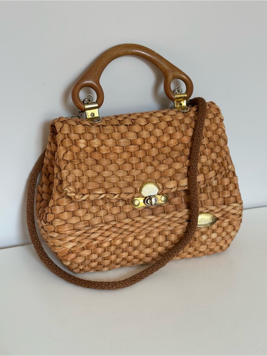 Handbags - Vintage 90s Italian Woven Raffia Structured Handbag Shoulder Bag